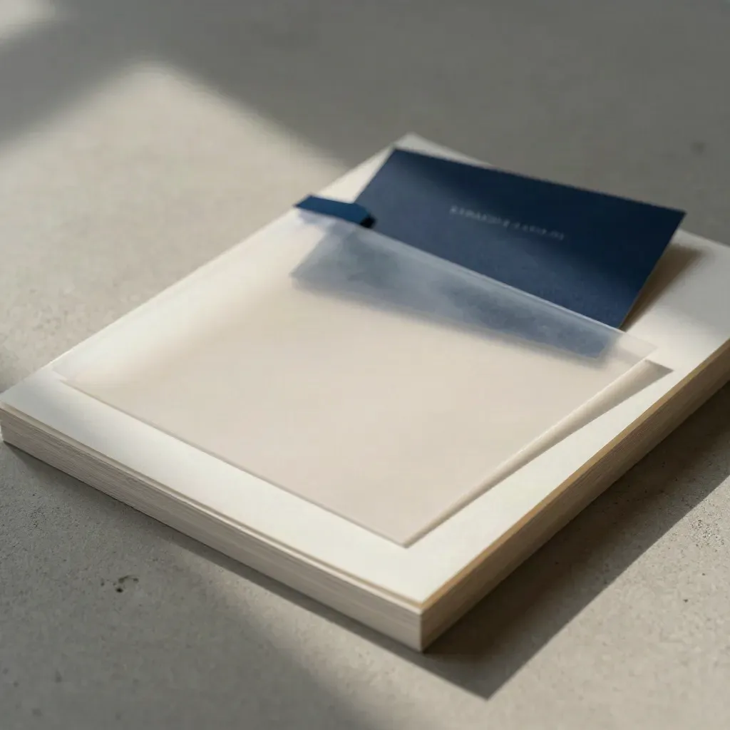 Proefmocks met transparante overlay en blauwe kaart op beton, van schuin boven gefotografeerd.