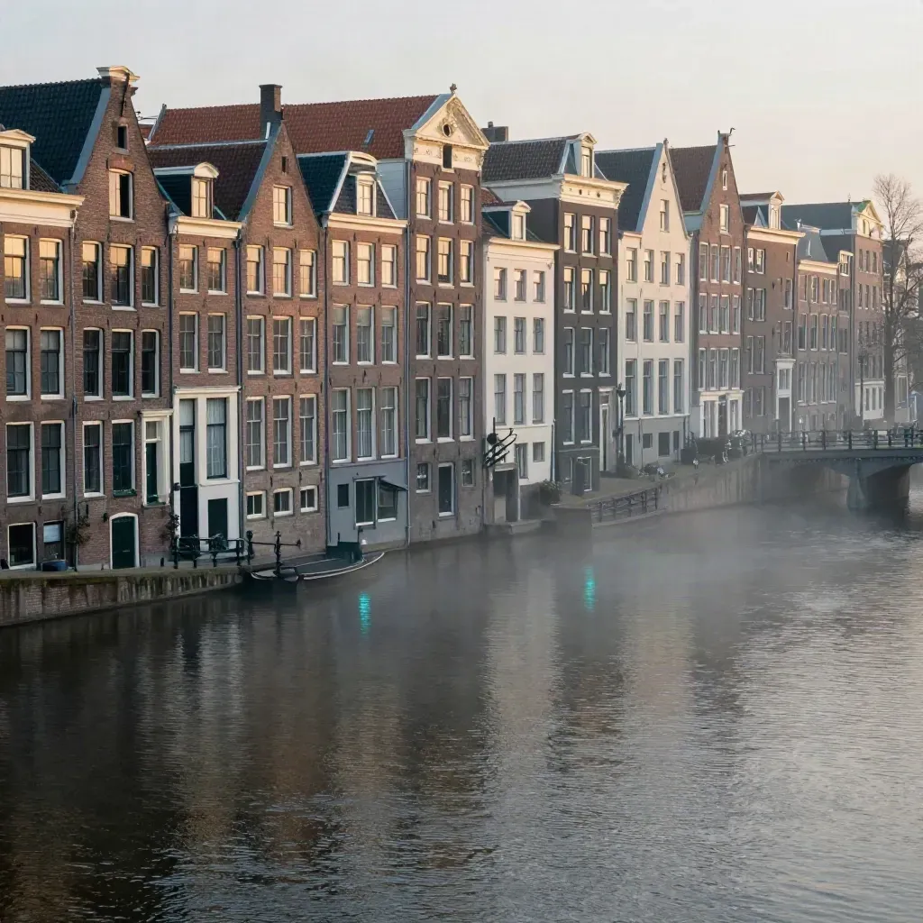 Amsterdamse grachten en mistige skyline boven rustig water bij avondgloed.